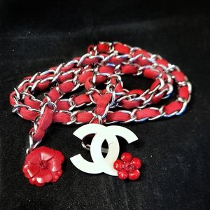 CHANEL Chain Belt/Necklace (Red) with Logo and Flower Charms